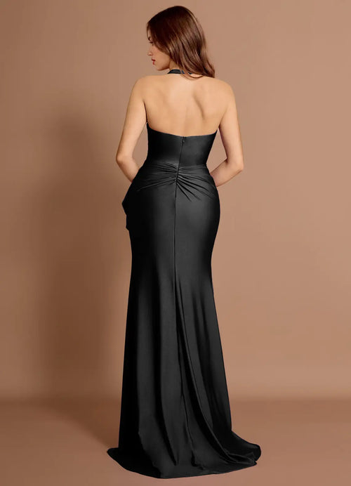 Robe de bal sirène en satin plissée sur le côté avec dos nu froncé, traîne, fente haute, longueur ras du sol pour femme