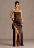 Ruffled Side Satin Sheath Spaghetti Strap Crisscross Lace Up Back High Slit Floor Length For Sale Prom Dress ﻿