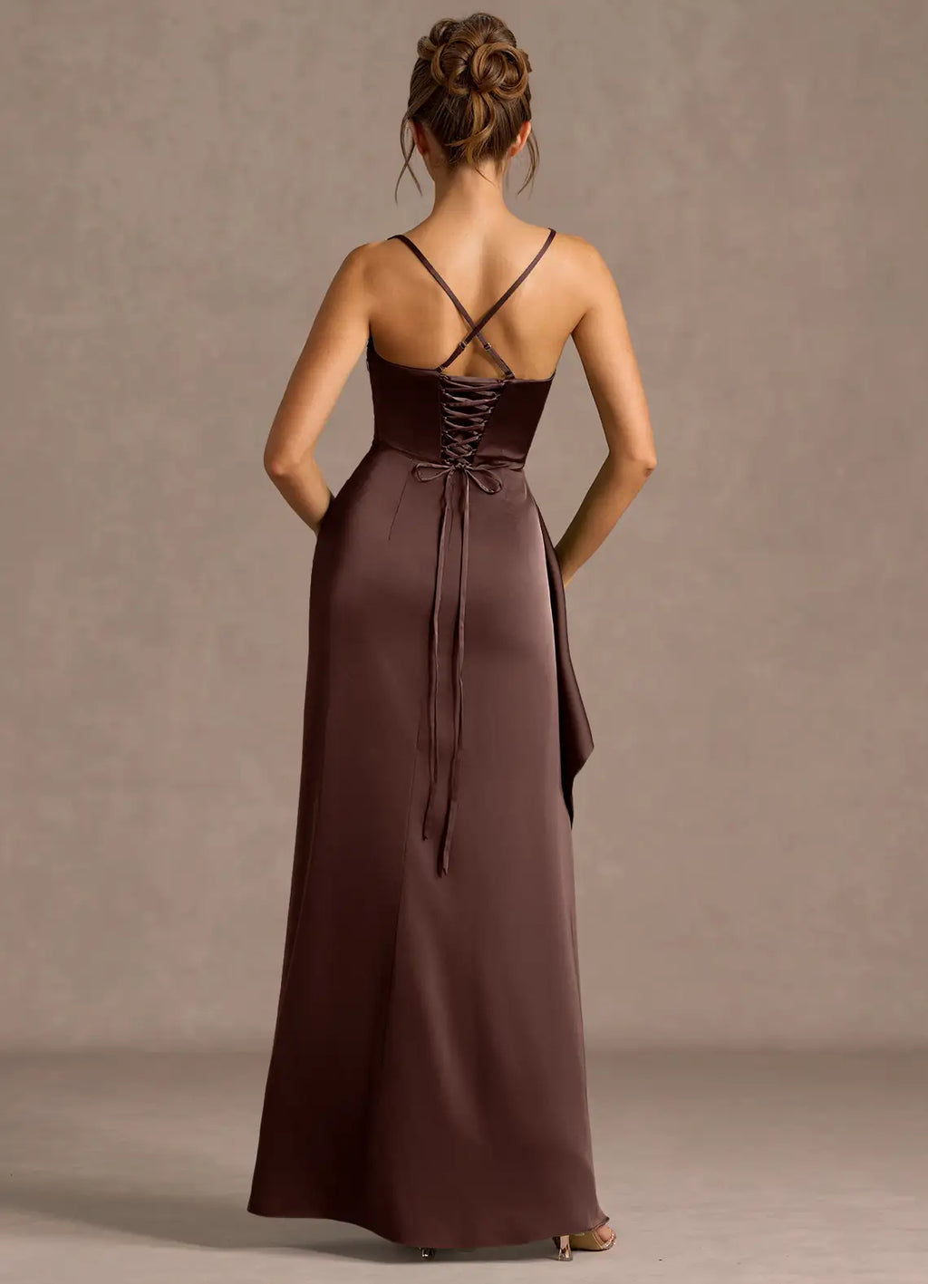 Ruffled Side Satin Sheath Spaghetti Strap Crisscross Lace Up Back High Slit Floor Length For Sale Prom Dress ﻿
