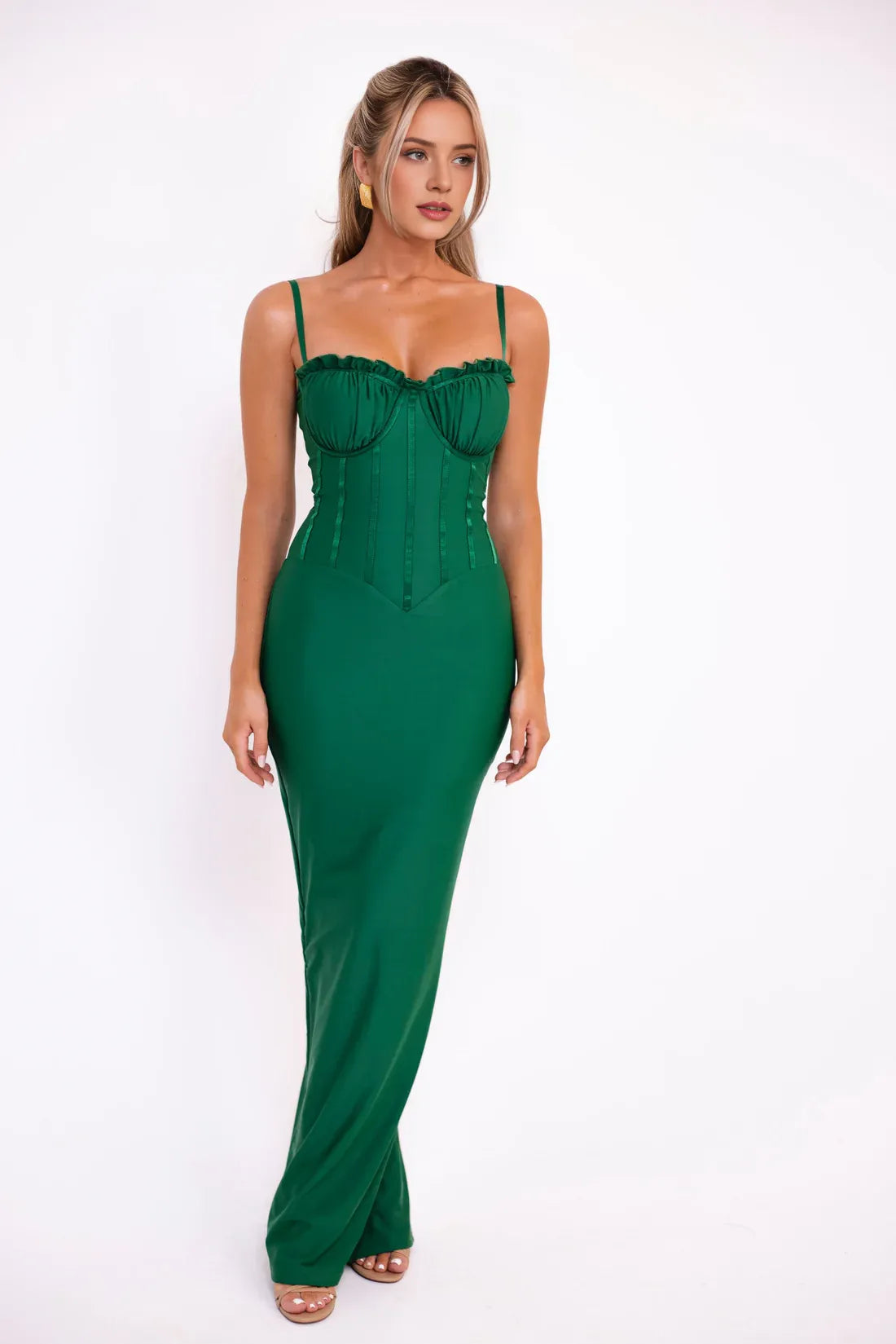Ruffled Trim Spaghetti Strap Satin Mermaid Corset Bodice Open Back High Slit Floor Length Female Prom Dress