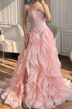 Ruffled Chiffon A-Line Sweetheart Spaghetti-Strap Lace-Up-Back Floor-Length Prom Dress