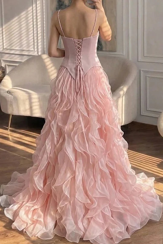 Ruffled Chiffon A-Line Sweetheart Spaghetti-Strap Lace-Up-Back Floor-Length Prom Dress
