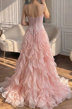 Ruffled Chiffon A-Line Sweetheart Spaghetti-Strap Lace-Up-Back Floor-Length Prom Dress