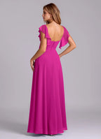 Ruffle sleeve chiffon bridesmaid dress with sweetheart neck, ruched bust, and open back