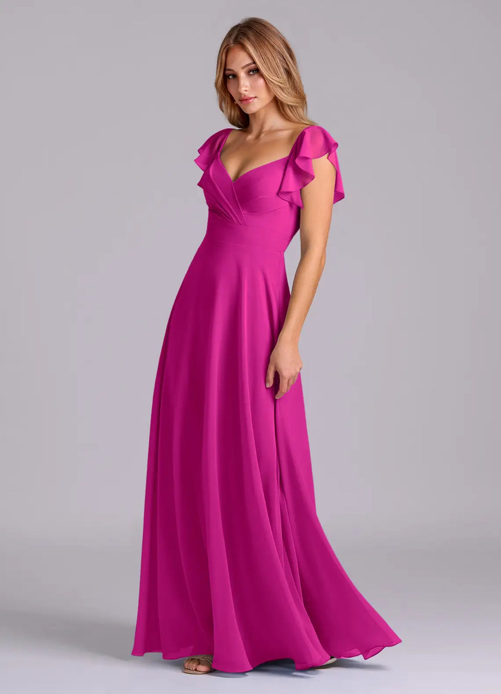 Ruffle sleeve chiffon bridesmaid dress with sweetheart neck, ruched bust, and open back