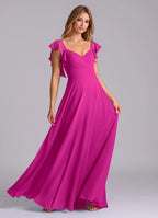 Ruffle sleeve chiffon bridesmaid dress with sweetheart neck, ruched bust, and open back