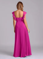 Ruffle sleeve chiffon bridesmaid dress with sweetheart neck, ruched bust, and open back