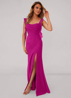Ruffle strap chiffon bridesmaid dress with ruched bodice, lace-up back, and side slit