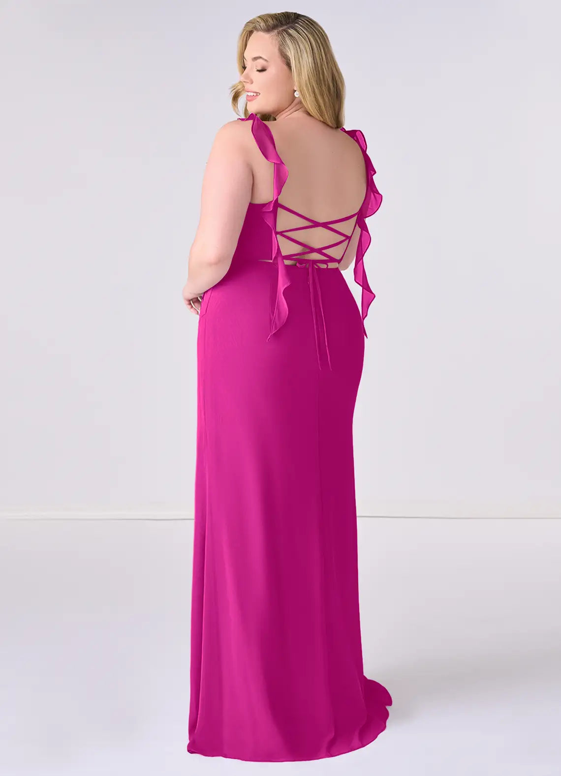 Ruffle strap chiffon bridesmaid dress with ruched bodice, lace-up back, and side slit