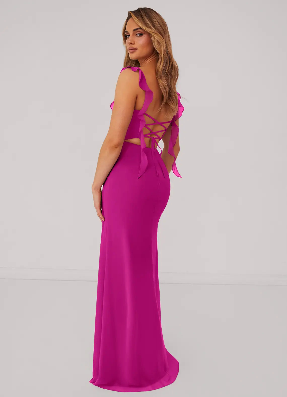 Ruffle strap chiffon bridesmaid dress with ruched bodice, lace-up back, and side slit