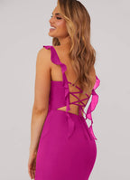 Ruffle strap chiffon bridesmaid dress with ruched bodice, lace-up back, and side slit