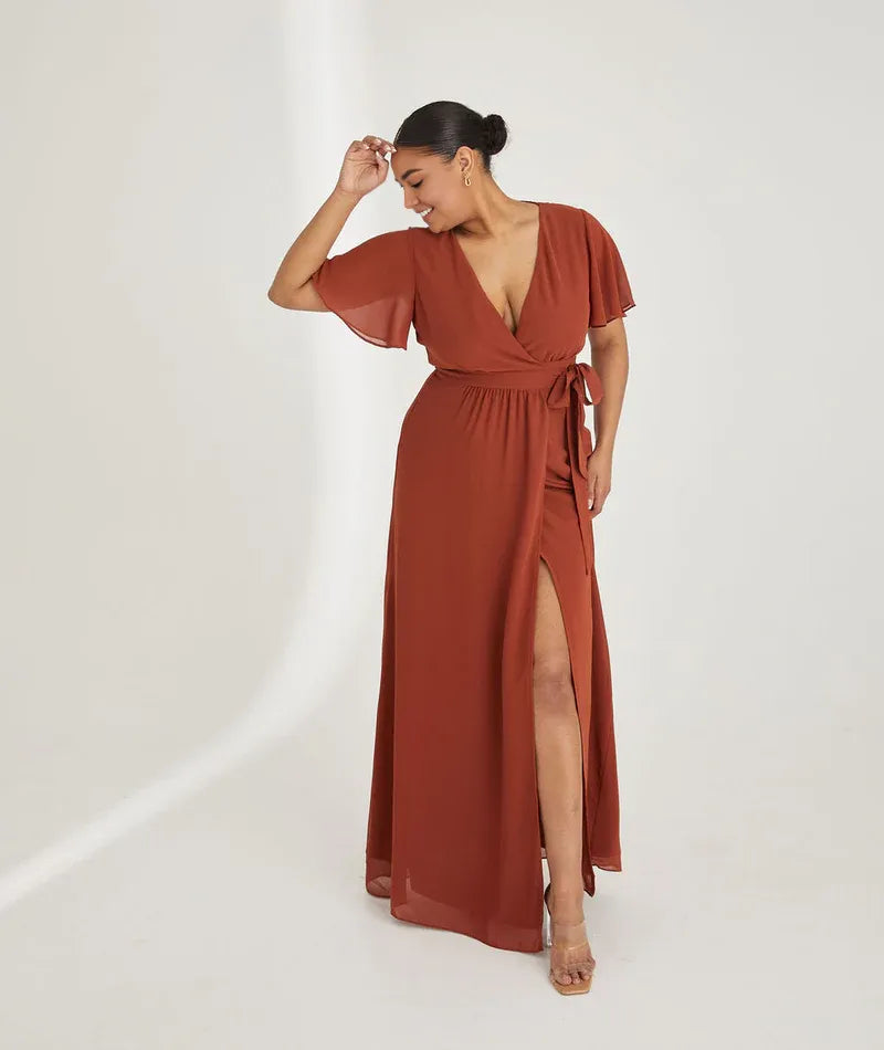 Blue Dress Fashion V Neck Wrap Tie Bridesmaid Dress Maxi Dress Solid Color Flutter Sleeve A-Line Prom Dress