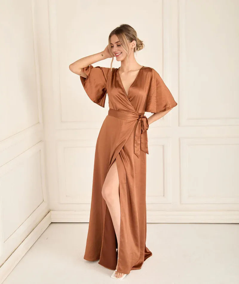 Dress Fashion Wrap Tie Bridesmaid Dress Maxi Dress Solid Color Champagne Flutter Sleeve Column Prom Dress