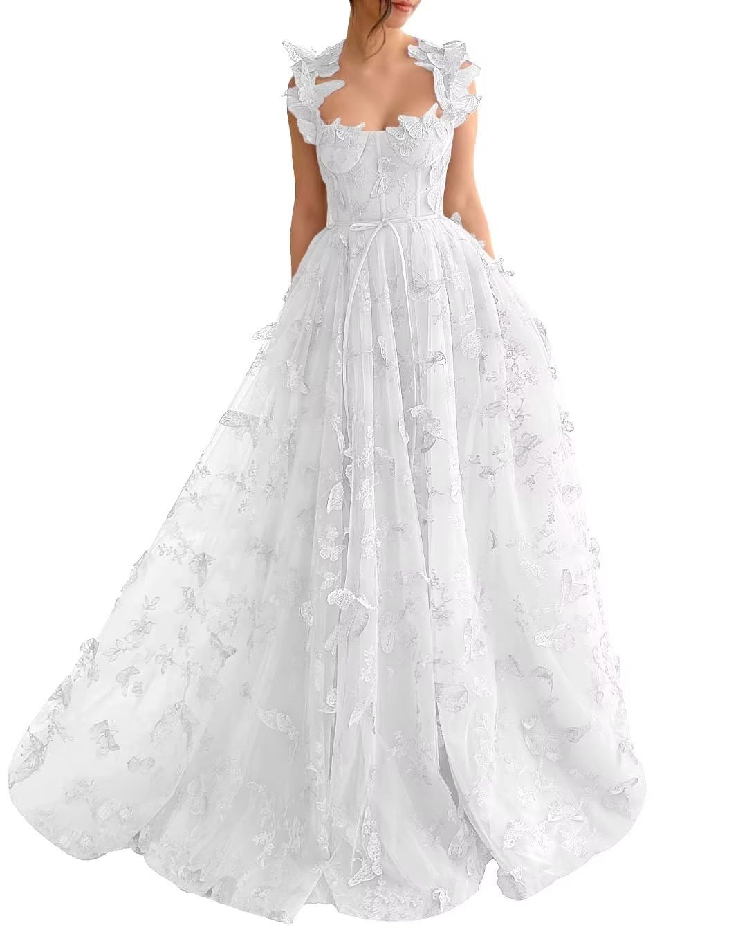 Long Tulle Prom Dress with 3D Butterflies Dress Ball Gown Evening Party Wedding Formal Dress Slit