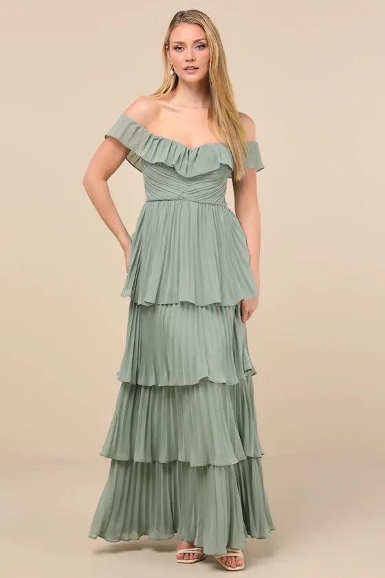 Dress Classic Emerald Pleated Off-the-Shoulder Maxi Dress Evening Dress A-Line Sleeveless Sweetheart Neck Prom Dress
