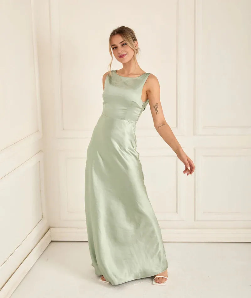 Dress Fashion Cowl Back Bridesmaid Dress Maxi Dress Solid Color Champagne Boat Neck Sleeveless Prom Dress