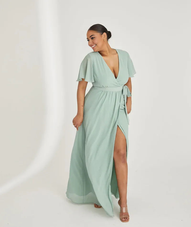Blue Dress Fashion V Neck Wrap Tie Bridesmaid Dress Maxi Dress Solid Color Flutter Sleeve A-Line Prom Dress