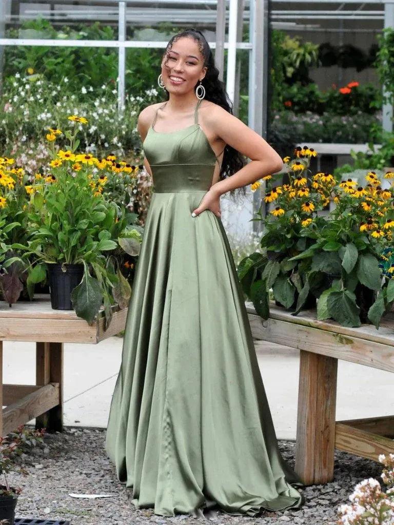 Sage Green Satin A-Line Prom Dress Halter V-Neck Crisscross Open-Back Floor-Length Formal Gown