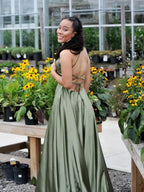 Sage Green Satin A-Line Prom Dress Halter V-Neck Crisscross Open-Back Floor-Length Formal Gown