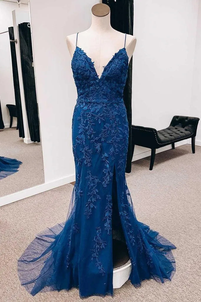 Spaghetti Strap Deep V Criss Cross Back Applique Mermaid Prom Dress