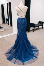 Spaghetti Strap Deep V Criss Cross Back Applique Mermaid Prom Dress