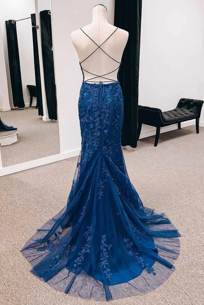 Spaghetti Strap Deep V Criss Cross Back Applique Mermaid Prom Dress