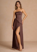 Sash Shoulder Strapless A Line Pleated Skirt High Slit Floor Length For Sale Prom Dress