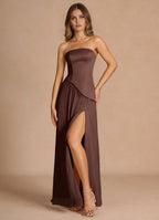 Sash Shoulder Strapless A Line Pleated Skirt High Slit Floor Length For Sale Prom Dress