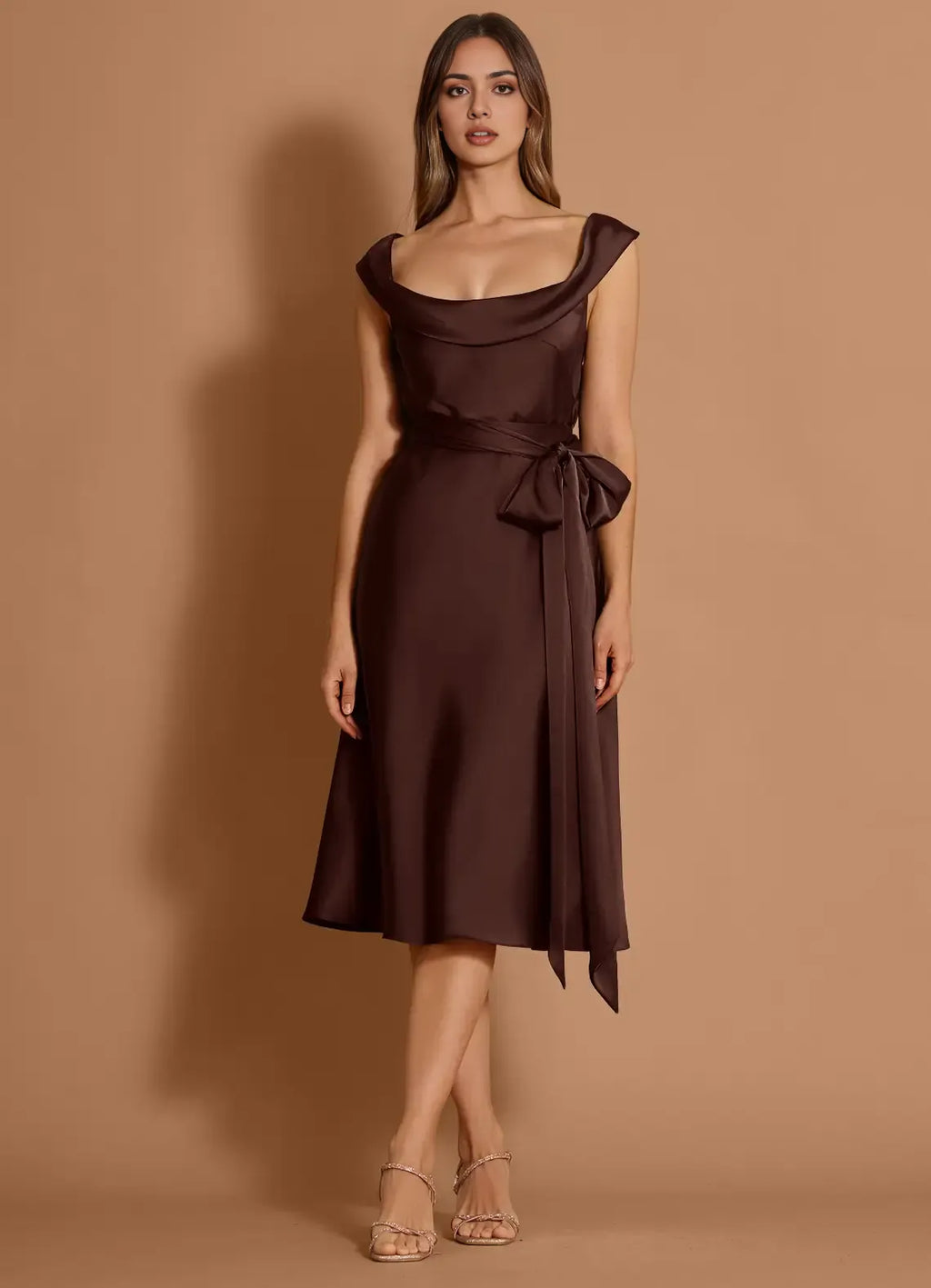 Satin Belted Fit and Flare Off The Shoulder Sleeveless Open Back Midi Length Hot sale Prom Dress