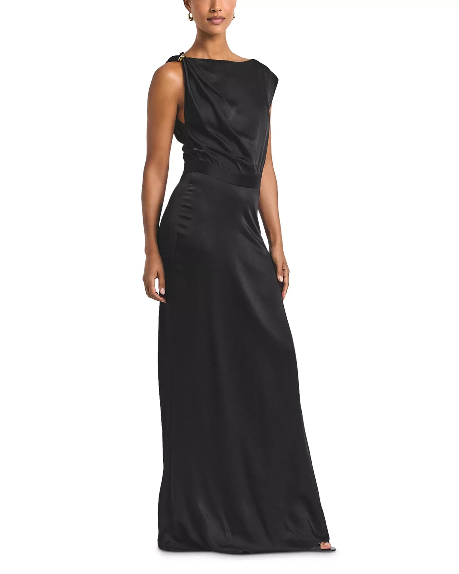 Satin Drape Accent Boat Neck One Shoulder Zipper Back Floor Length For Ladies Prom Dress