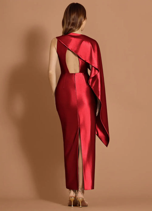 Satin One Shoulder Sheath Sleeveless Cutout Back Midi Length Hot sale Prom Dress