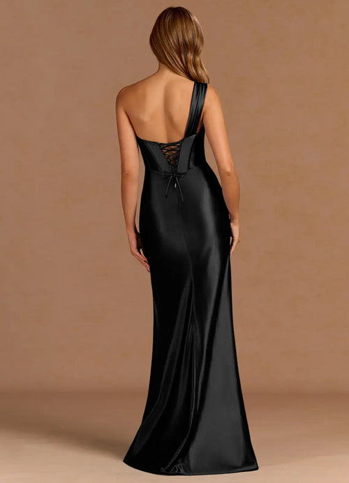 Satin Ruched Mermaid One Shoulder Sleeveless Lace Up Back Floor Length For Ladies Prom Dress