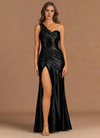 Satin Ruched Mermaid One Shoulder Sleeveless Lace Up Back Floor Length For Ladies Prom Dress
