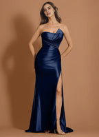 Satin Ruched Mermaid Strapless Sleeveless Open Back Train Floor Length Hot sale Prom Dress