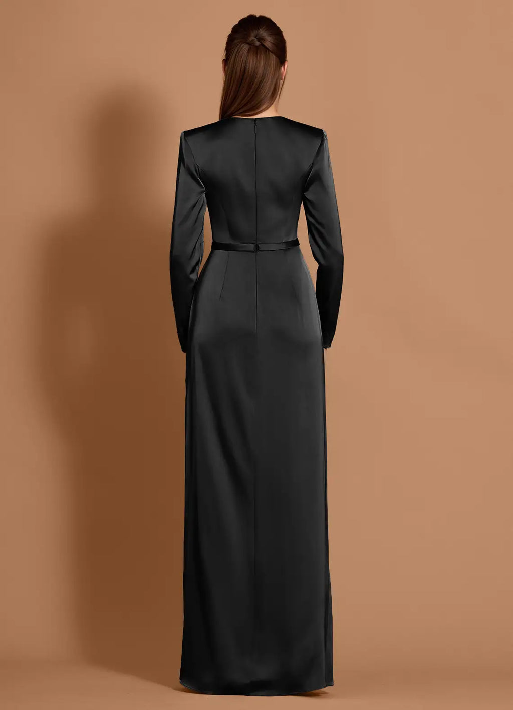 Satin Ruffled Sheath Crew Neck Long Sleeve Zipper Back Floor Length Hot sale Prom Dress