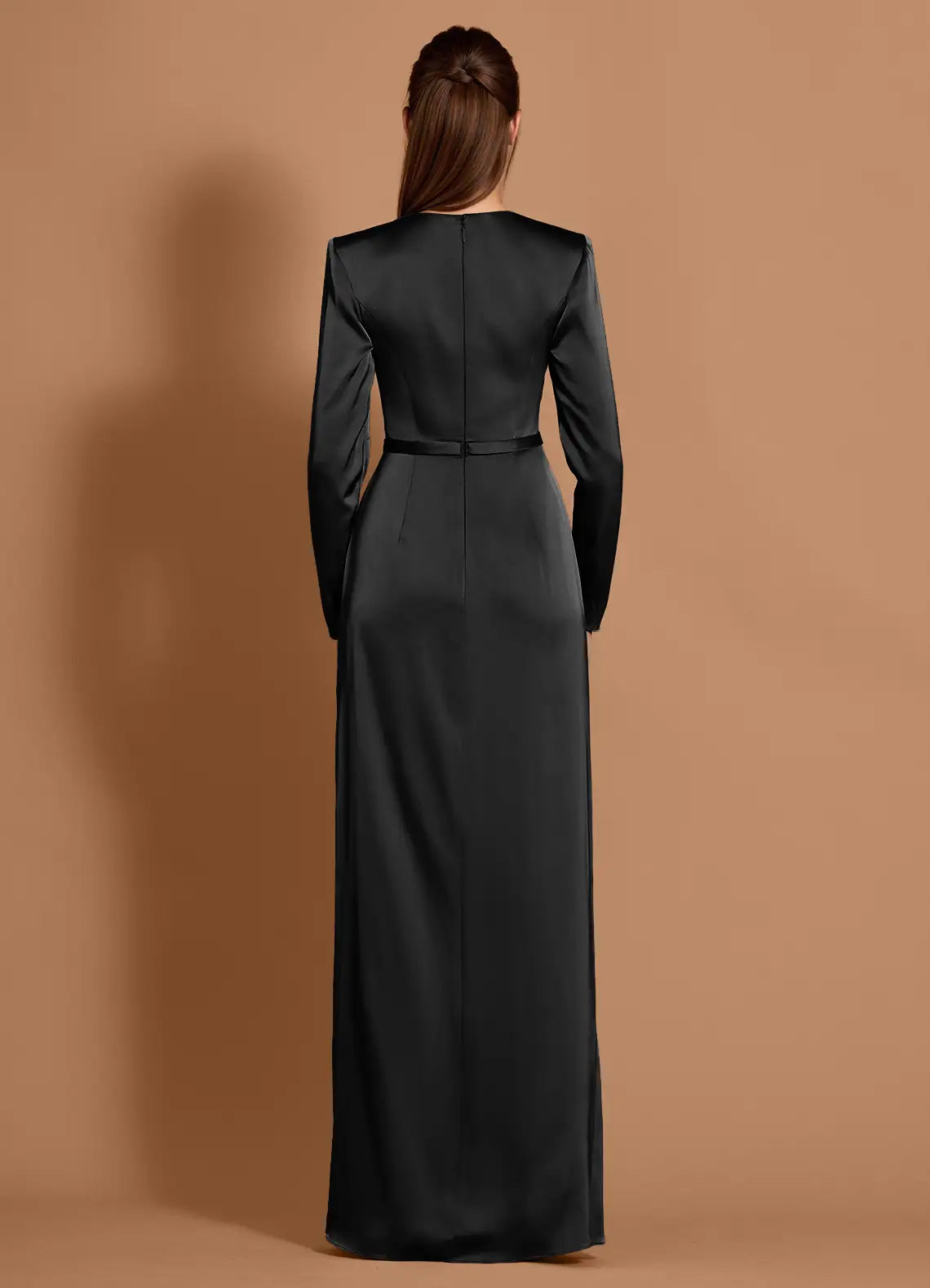 Satin Ruffled Sheath Crew Neck Long Sleeve Zipper Back Floor Length Hot sale Prom Dress