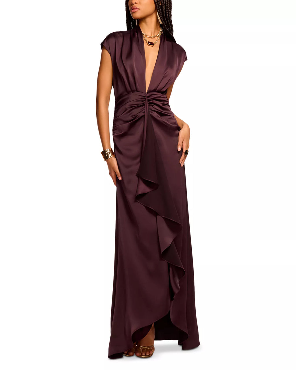 Satin Trimmed A Line Deep V Neck Cap Sleeve Keyhole Back Floor Length Hot Sale Prom Dress