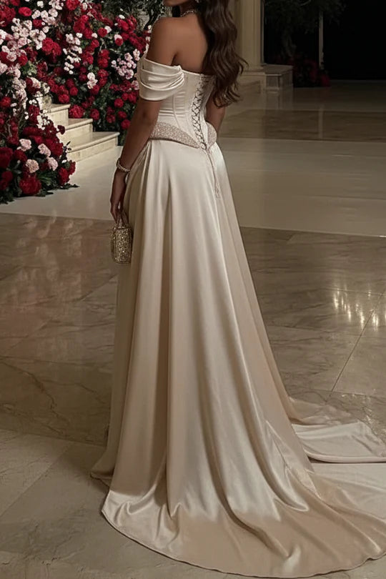 Satin A-Line Off-The-Shoulder Straight-Neck Lace-Up-Back Floor-Length Prom Dress