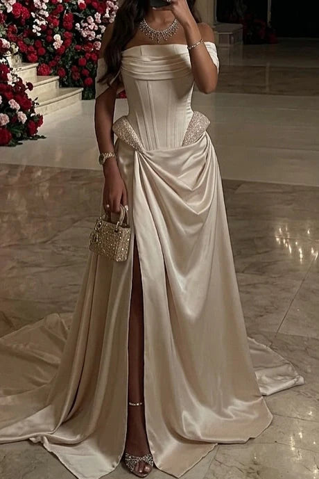 Satin A-Line Off-The-Shoulder Straight-Neck Lace-Up-Back Floor-Length Prom Dress