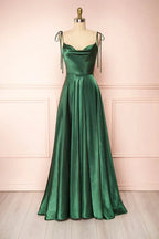 Satin A-Line Prom Dress Spaghetti-Strap Cowl-Neck High-Slit Open-Back Tie-Strap Floor-Length Gown