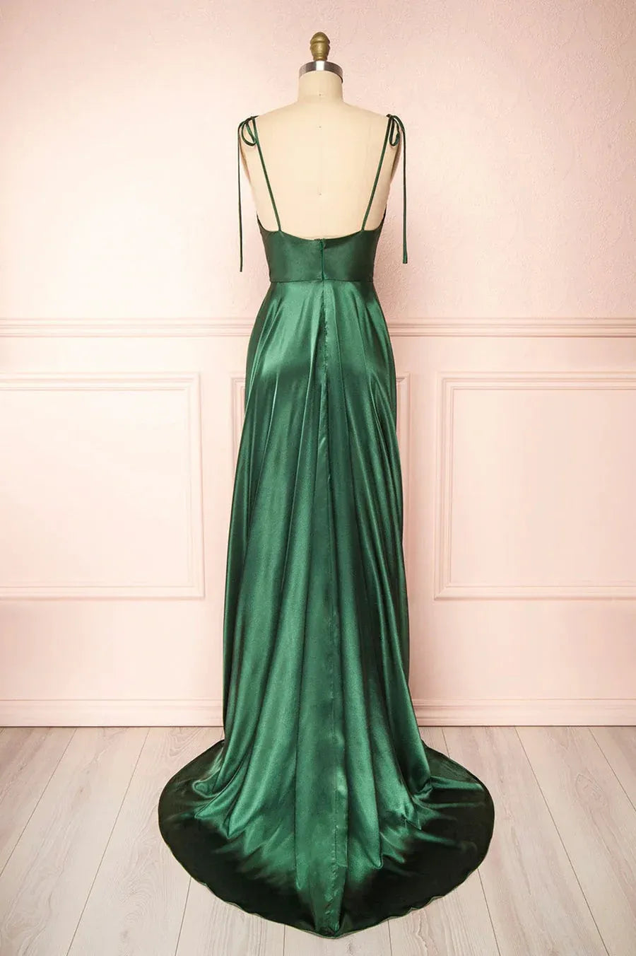 Satin A-Line Prom Dress Spaghetti-Strap Cowl-Neck High-Slit Open-Back Tie-Strap Floor-Length Gown