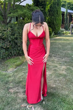 Red Satin Spaghetti-Strap Corset Lace-Up High-Slit Floor-Length Prom Dress