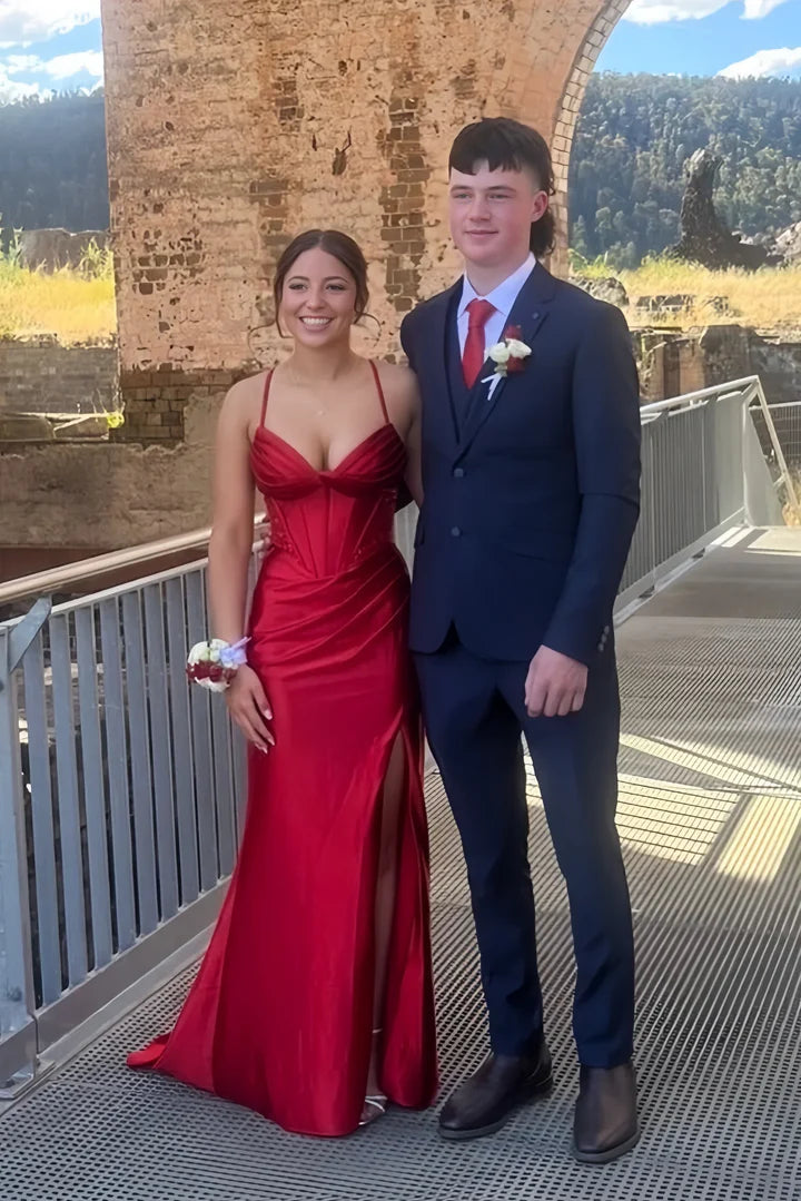 Red Satin Spaghetti-Strap Corset Lace-Up High-Slit Floor-Length Prom Dress