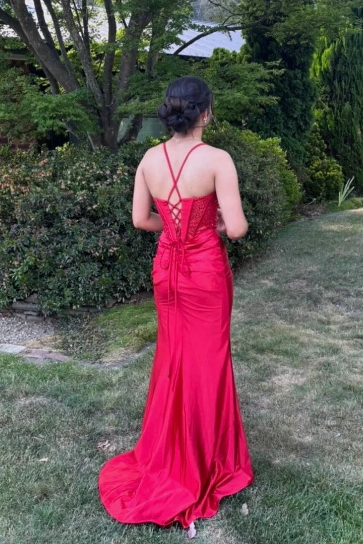 Red Satin Spaghetti-Strap Corset Lace-Up High-Slit Floor-Length Prom Dress