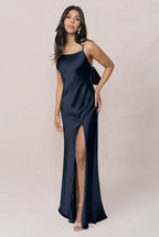 Satin Cowl-Neck Bridesmaid Dress with Spaghetti Straps, High Thigh Slit & Bow-Accented Open Back