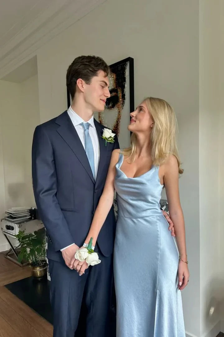 Light Blue Cowl-Neck Sleeveless Floor-Length Satin Prom Dress