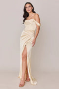Satin Off-Shoulder Corset Bodice High-Slit Sheath Floor-Length Bridesmaid Dresses