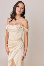 Satin Off-Shoulder Corset Bodice High-Slit Sheath Floor-Length Bridesmaid Dresses