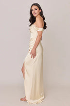 Satin Off-Shoulder Corset Bodice High-Slit Sheath Floor-Length Bridesmaid Dresses