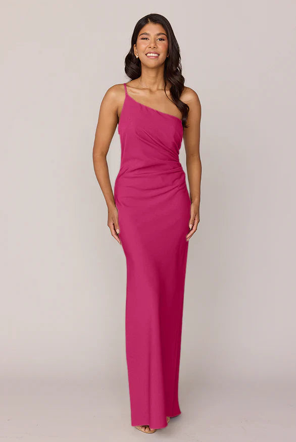 Satin One-Shoulder Bridesmaid Dresses with Ruched Bodice, Single Strap and High Slit Formal Gown